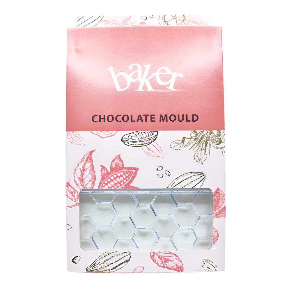 Hexagon Shape Polycarbonate Chocolate Bar Mold in its packaging displayed on a white background for a clear view.