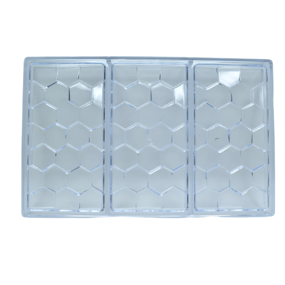 Hexagon Shape Polycarbonate Chocolate Bar Mold displayed on a clear white background for precise viewing of its shape and features.