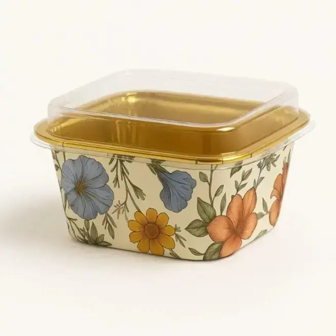2603-4 CL016 Square Floral Design Foil Cake Cup Gold Interior With Lid Pack of 10