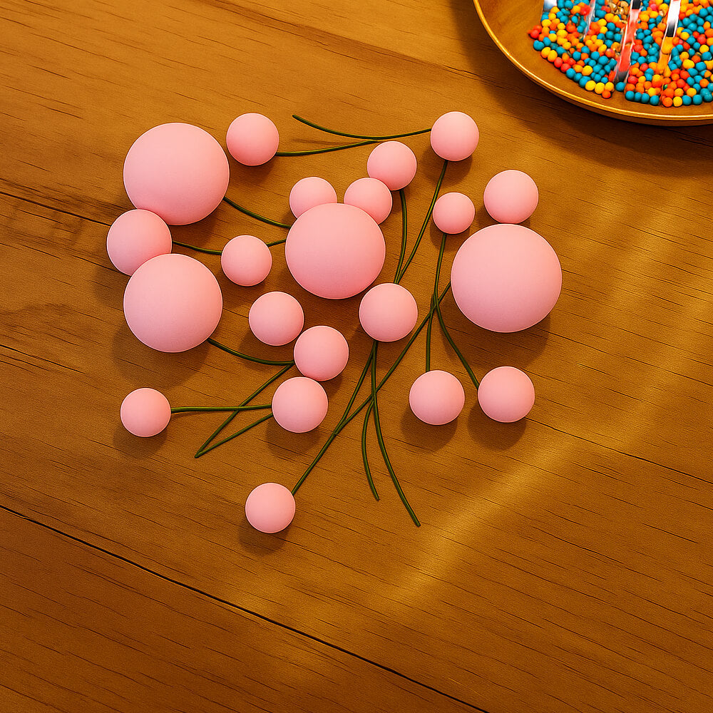 Decorative Light Pink faux balls displayed on a table with a bowl of colorful sprinkles in the corner, perfect for creative cake decorating.