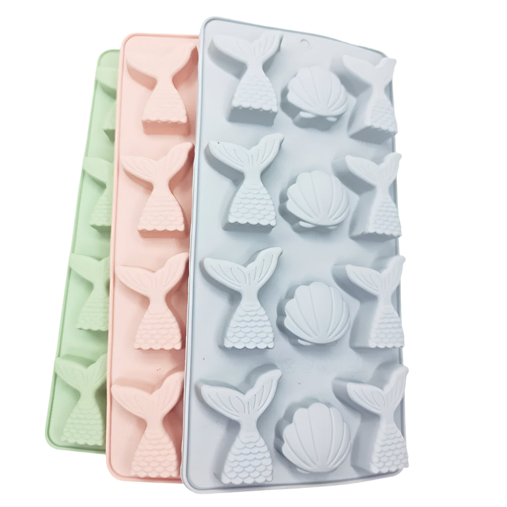 Mermaid Tail & Sea Shell Chocolate Molds in gray, pink, and green on a white background for clear view