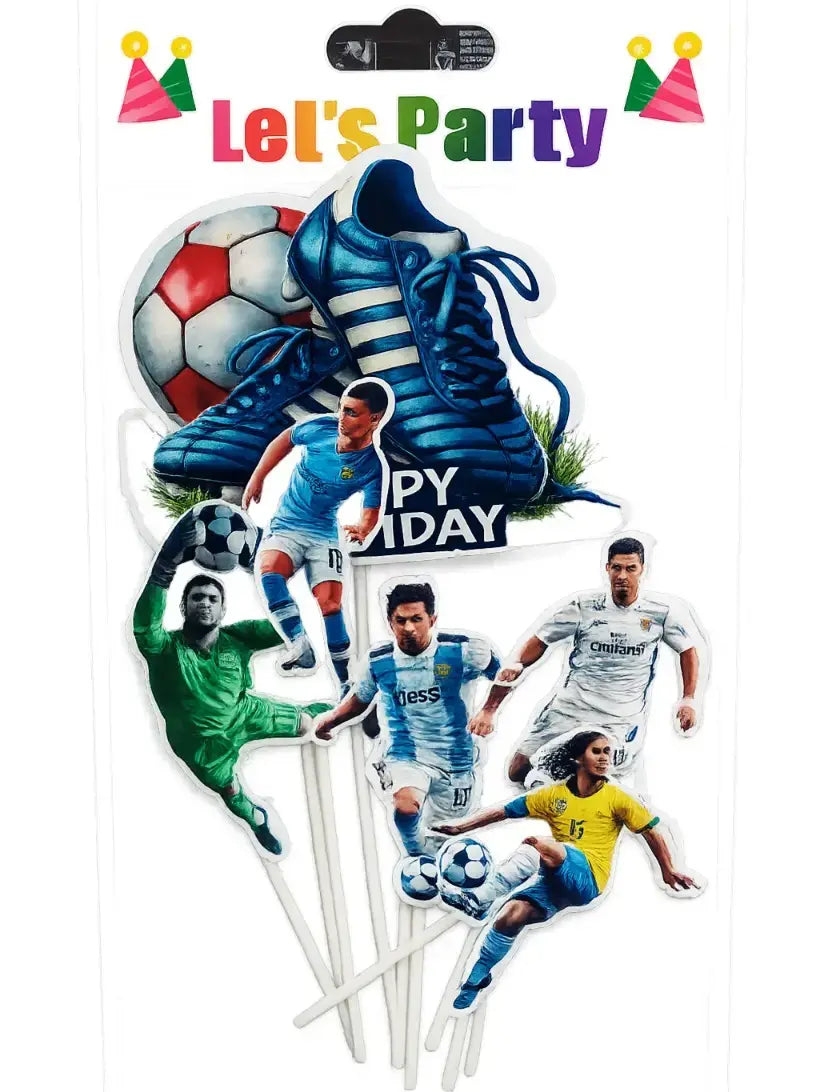 Soccer-themed birthday cake toppers with players and a shoe, featuring 'Let's Party' branding.
