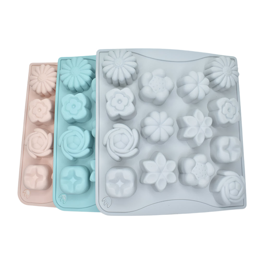 Gray, blue, and pink Multiple Flowers Shaped Chocolate Molds stacked on a white background for clear view.