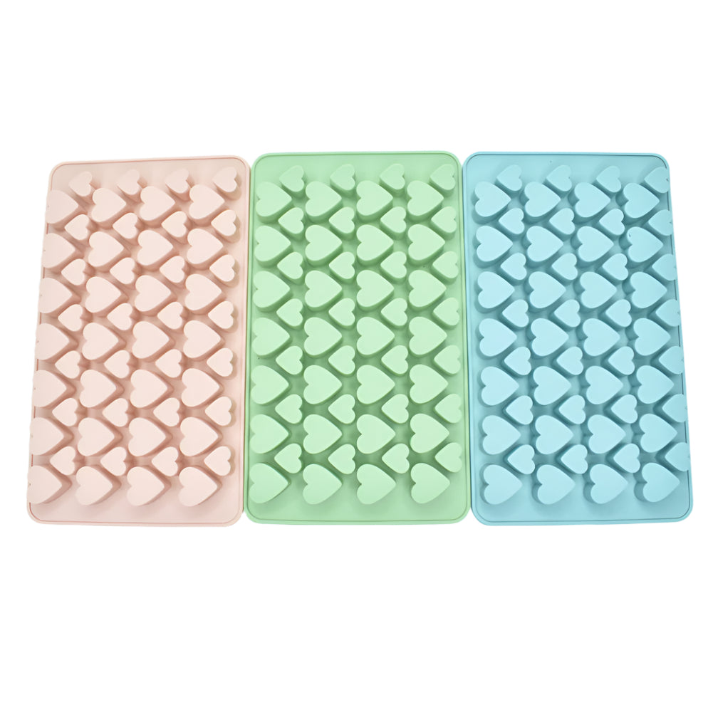 Multiple Size Heart Shaped Chocolate Molds in blue, green, and red placed side by side on a white background for clear view.