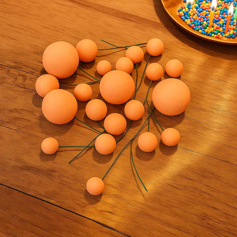 Orange Matte Decorative faux balls displayed on a table with a bowl of colorful sprinkles in the corner, perfect for creative cake decorating.