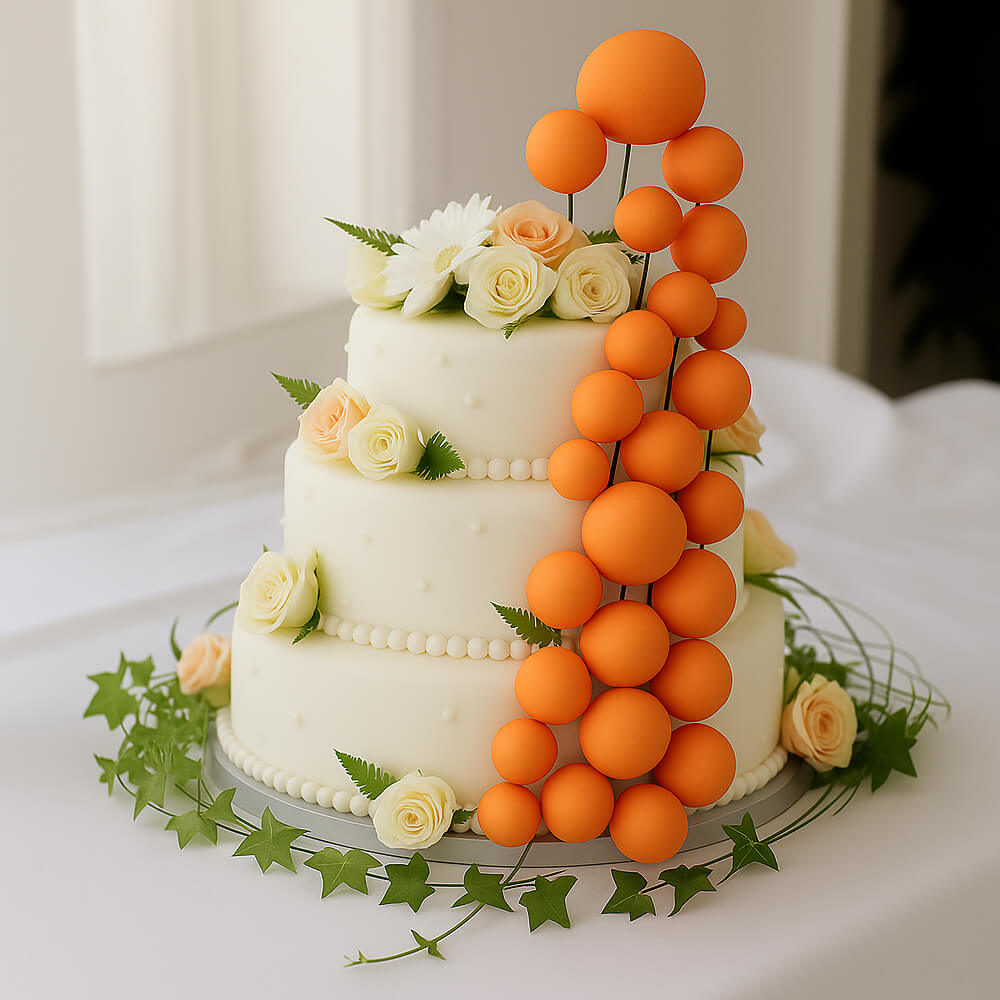 Orange Matte Faux balls used as elegant cake toppers, adding a stylish touch to a finished cake for parties and celebrations.