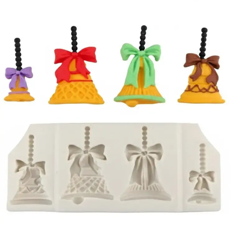 4-Cavity Hanging Christmas Bells with Bows Silicone Mold – Cake Decor & Jewelry | FM156