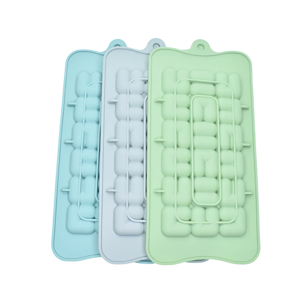 Green, grey, and blue Pattern Chocolate Molds stacked on a white background, showcasing intricate design details for easy view.