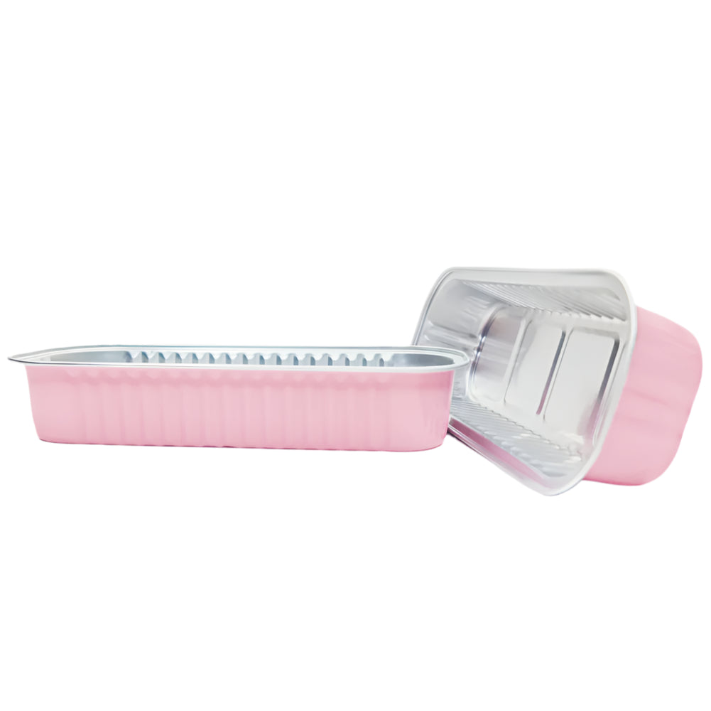 Two Pink Rectangular Foil Containers placed side by side on a white background