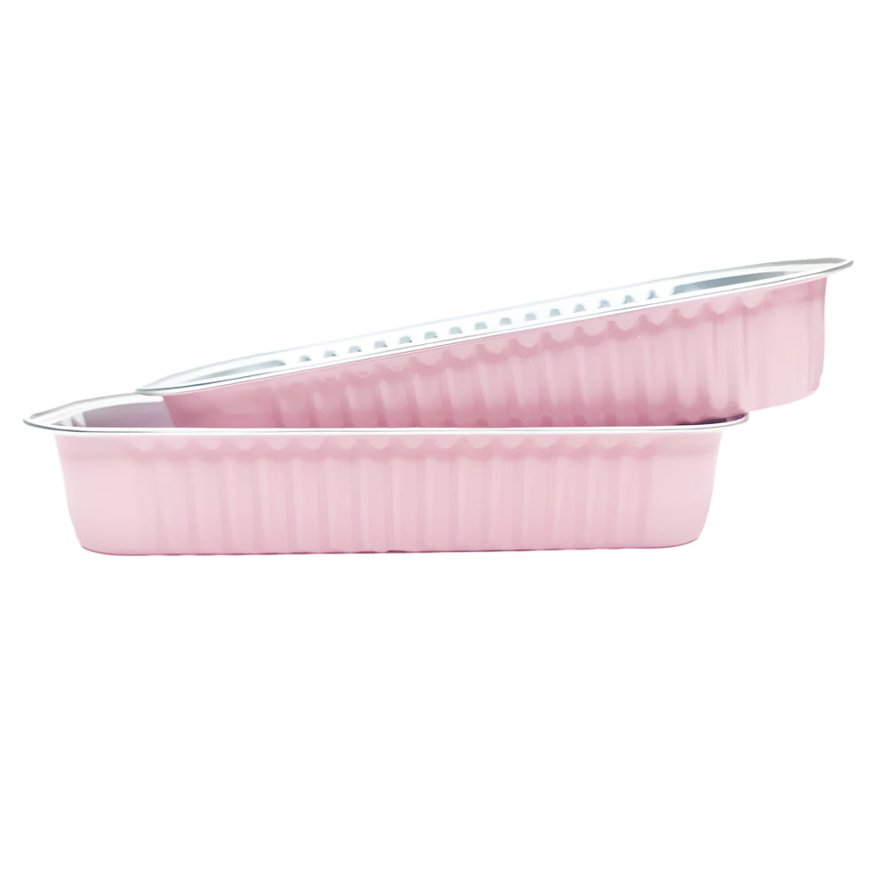 Two Pink Rectangular Foil Containers stacked sideways on a white background