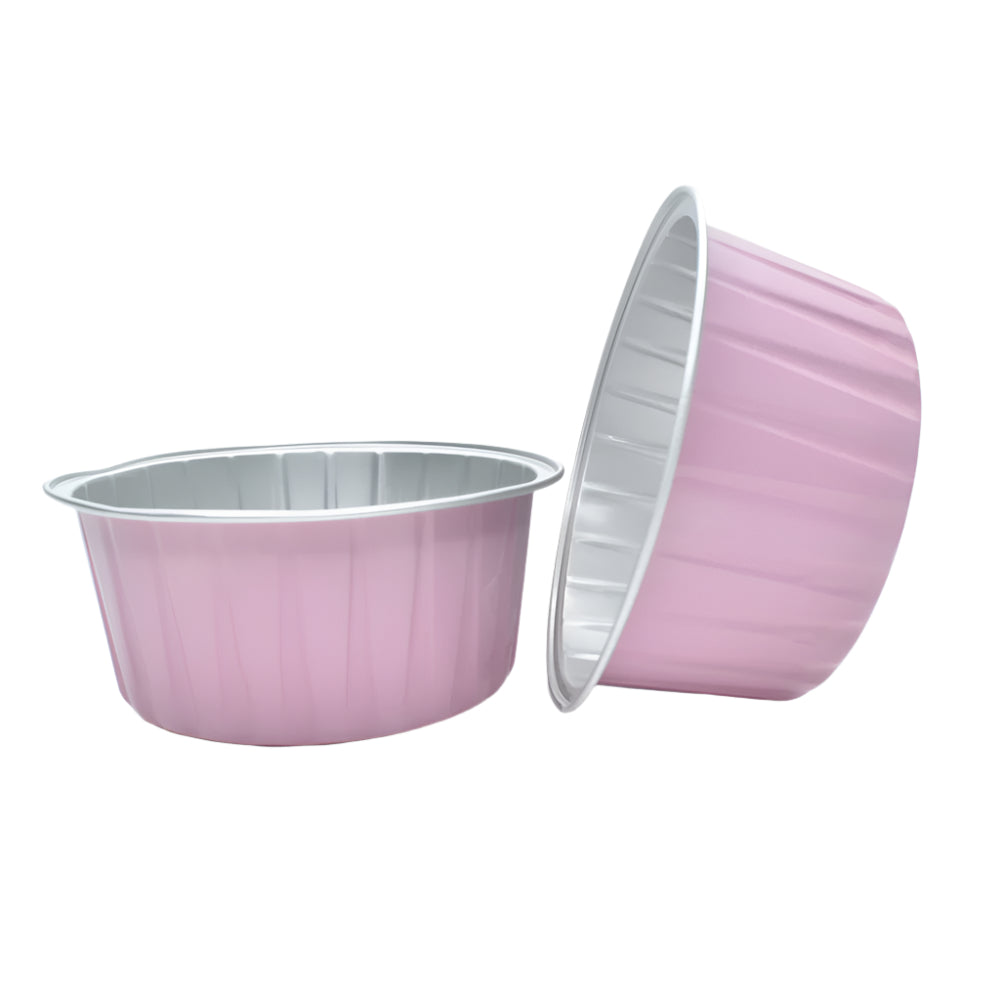 Pink Round Foil Containers, one placed sideways on the side of the other, on a white background.