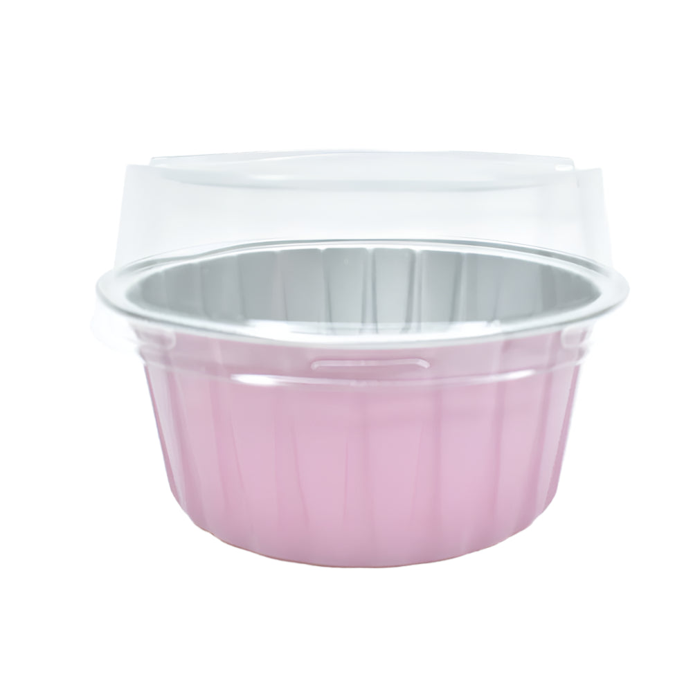 Pink Round Foil Container with a lid on top on a white background.