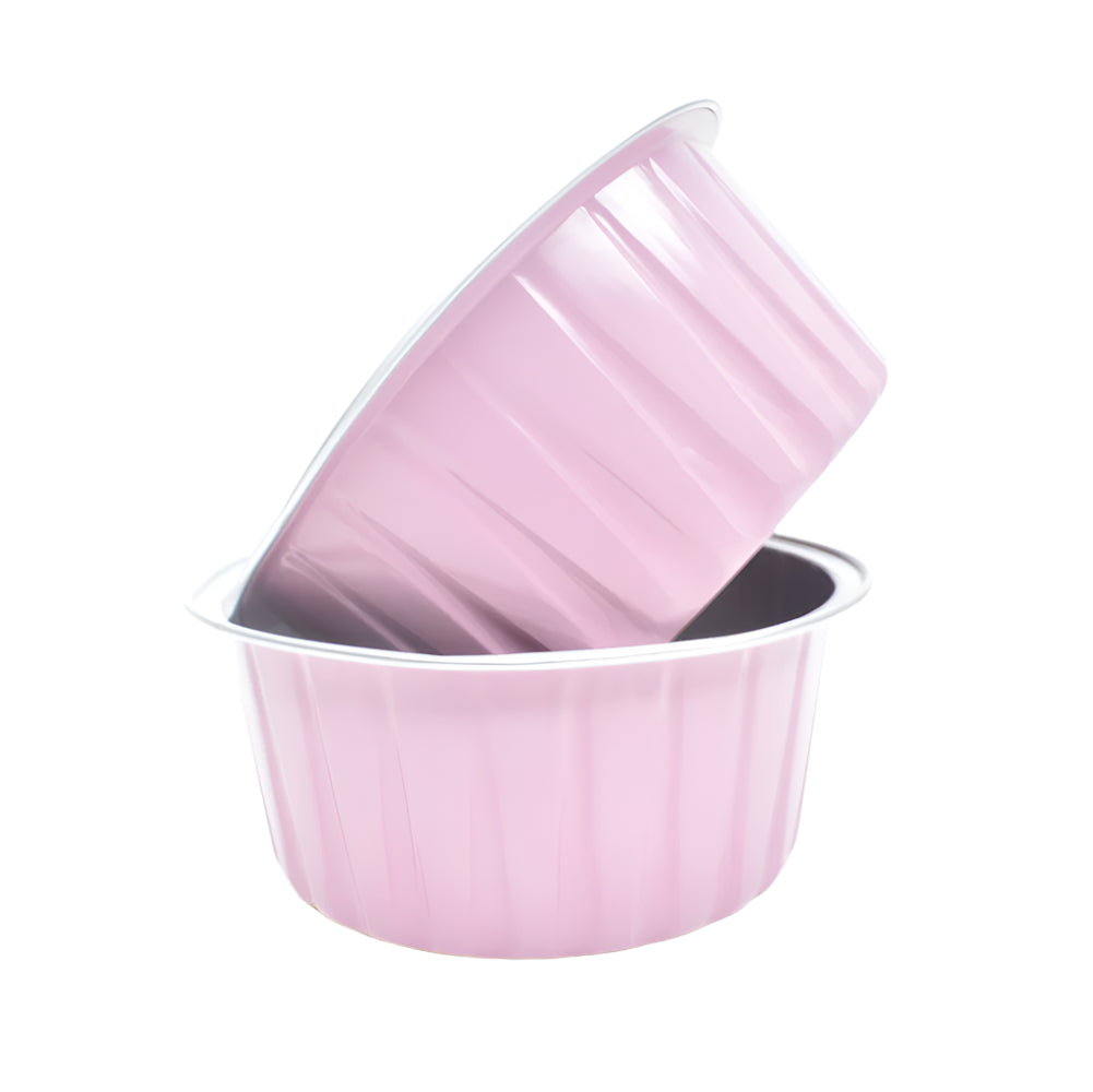 Pink Round Foil Containers, one placed sideways on top of the other, on a white background.