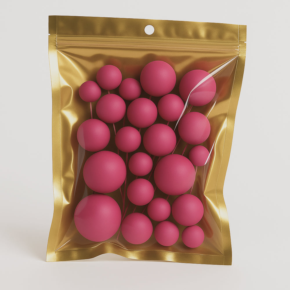 Pink matte faux balls in assorted sizes sealed inside a transparent zip-lock packet – ideal for modern cake decoration or DIY crafts