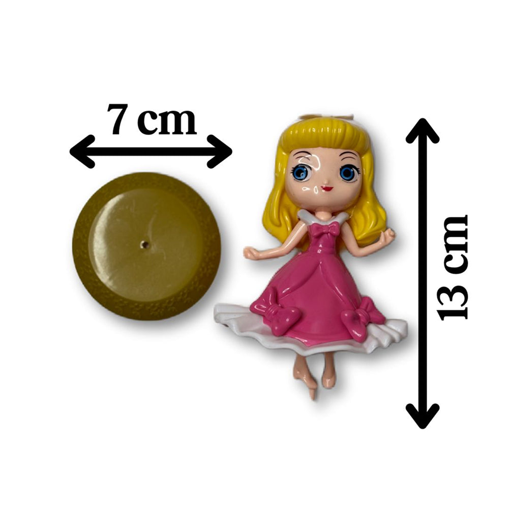Pink with White Frock Doll Cake Topper with size comparison on white background