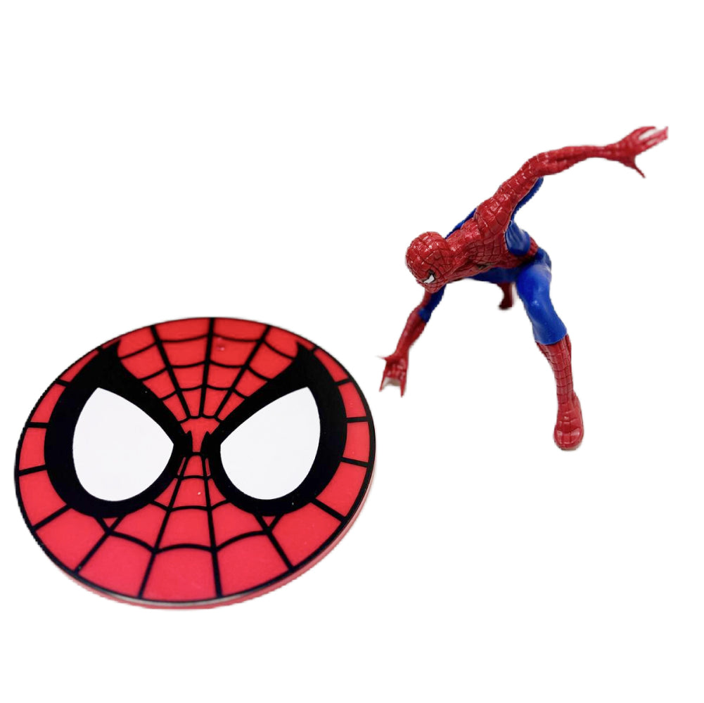 Close-up angled view of Spiderman with Disc Cake Topper on white background