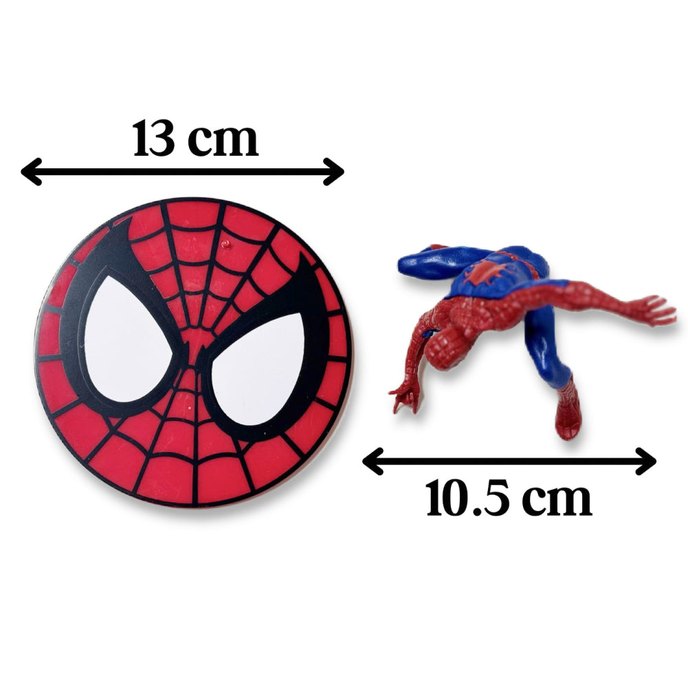 Spiderman with Disc Cake Topper with size comparison on white background