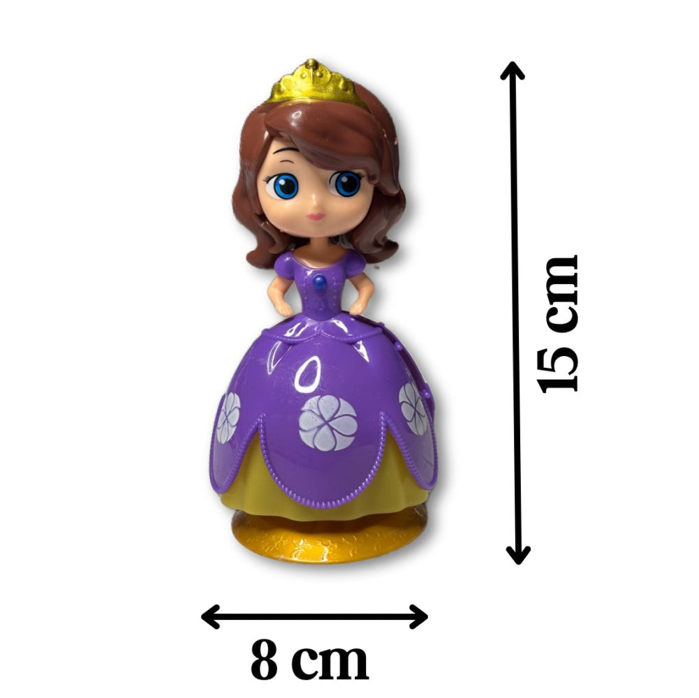 Purple Gown Doll Cake Toy Topper with size comparison on white background