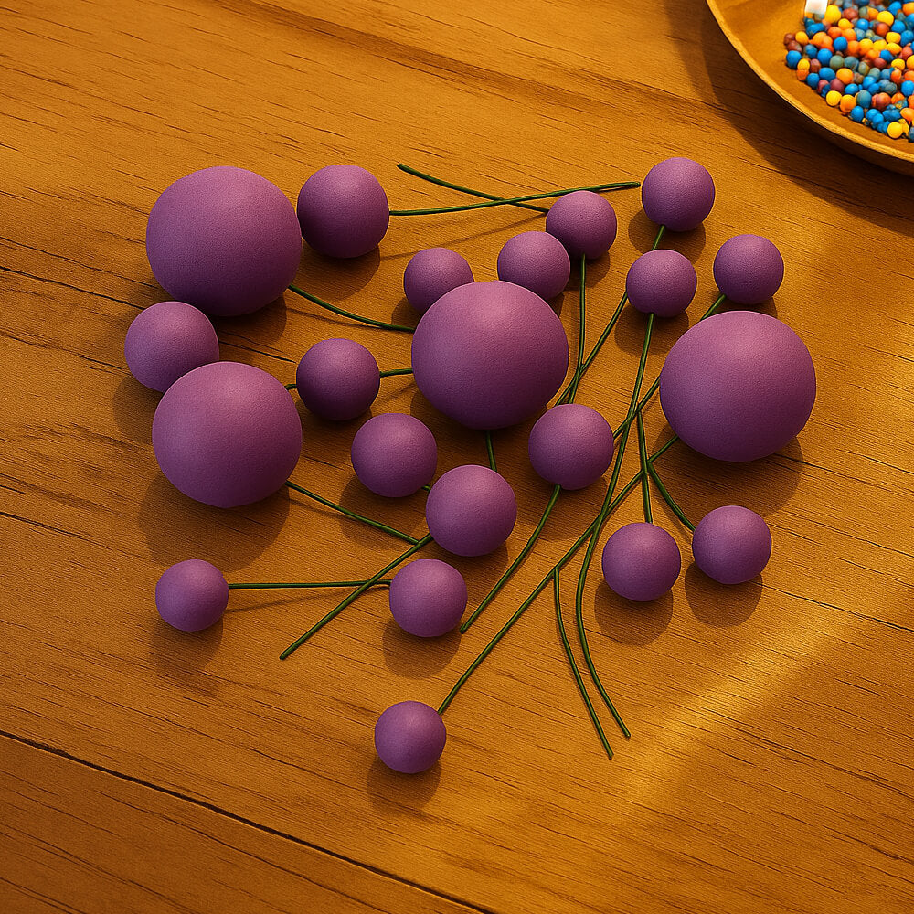 Purple Matte Decorative faux balls displayed on a table with a bowl of colorful sprinkles in the corner, perfect for creative cake decorating.