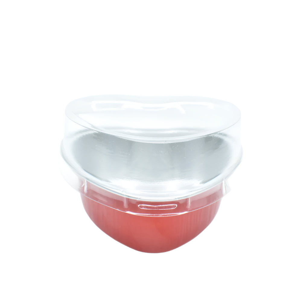 Red Heart Shaped Foil Containers With Lid on a white background.
