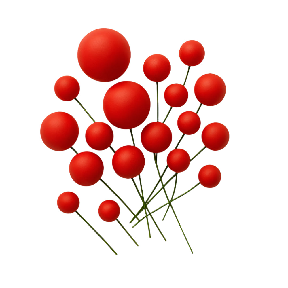 A set of Red Matte decorative faux balls spread evenly on a white background, showcasing their color and texture for cake decoration.