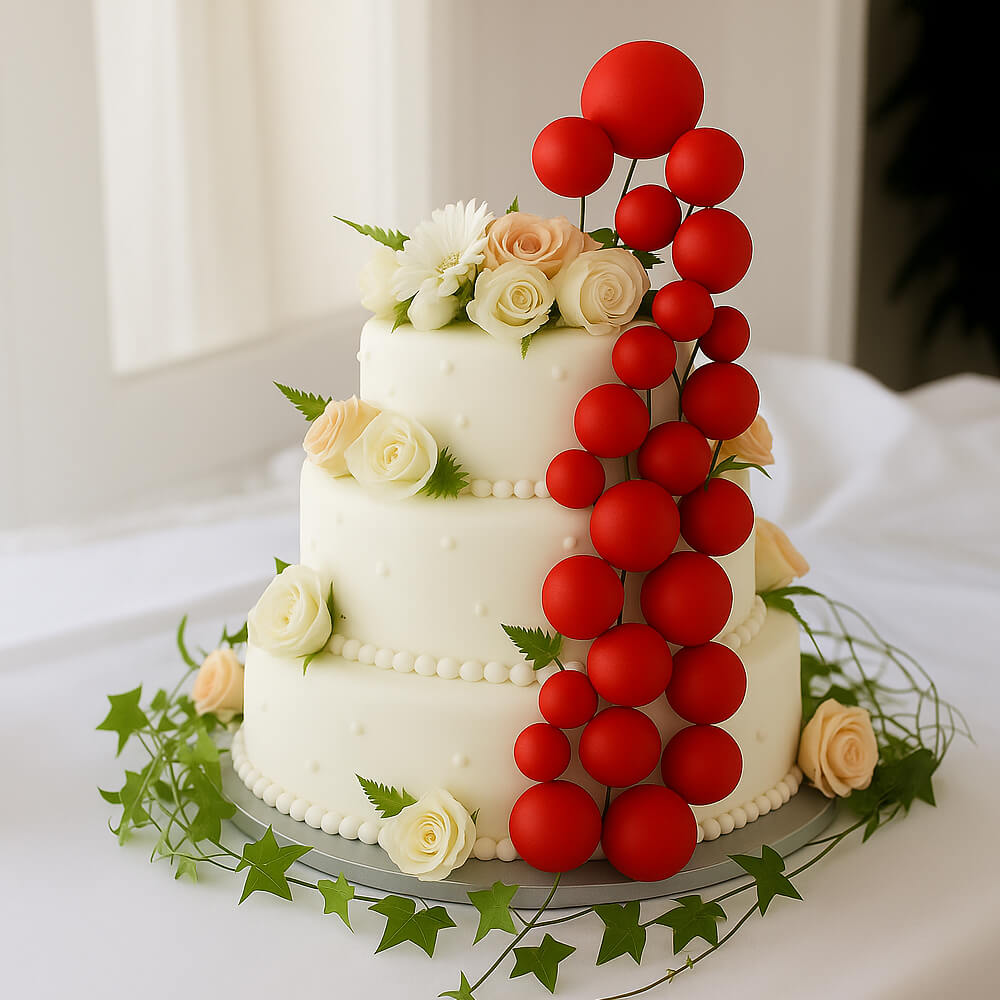 Red Matte Faux balls used as elegant cake toppers, adding a stylish touch to a finished cake for parties and celebrations.