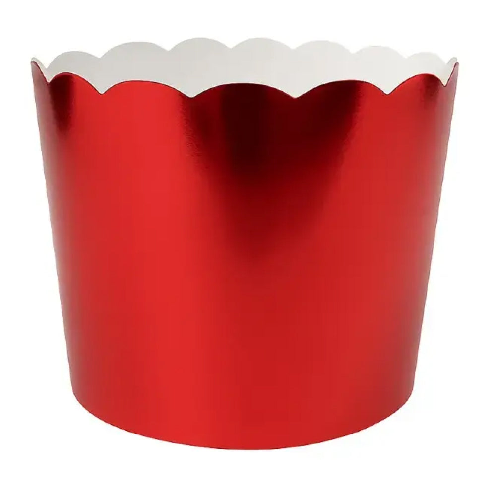 Glossy Red Metallic Cupcake Wrapper with Elegant Scalloped Edge – Premium Foil Baking Cup Liner for Wedding, Birthday & Party Cupcakes – Food-Grade Disposable Cup Holder – Pack of 10