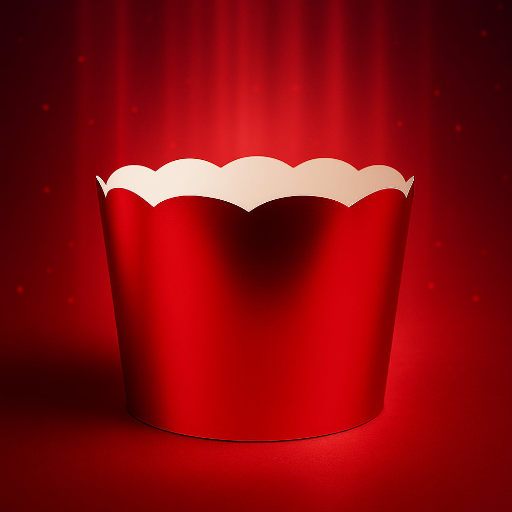 Stylized Display of Red Foil Cupcake Wrapper with Scalloped Edge – High-Shine Metallic Liner for Muffins & Cupcakes on Red Illuminated Background – Perfect for Celebrations, Events & Gift Hampers – Pack of 10”