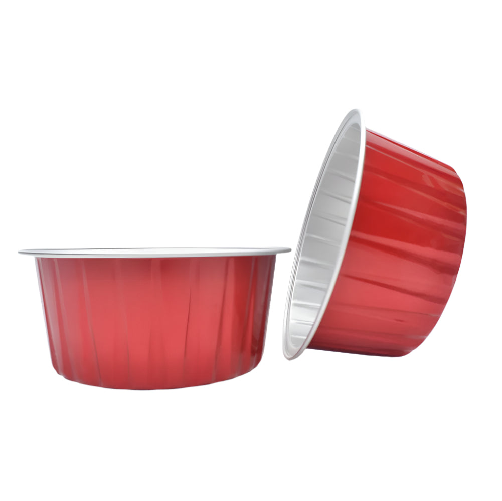 Red Round Foil Containers, one placed sideways on the side of the other, on a white background.