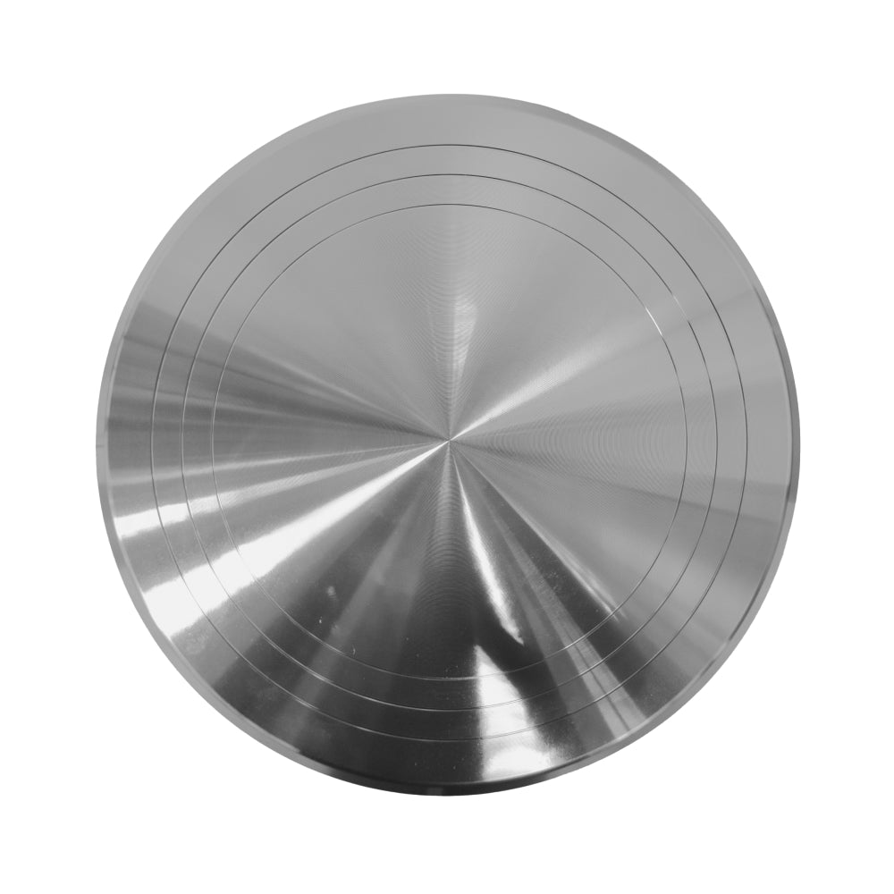 Aerial view of the Rotating Steel Turntable – Smooth Cake Decorating Platform on a white background, highlighting its 360° rotation surface.