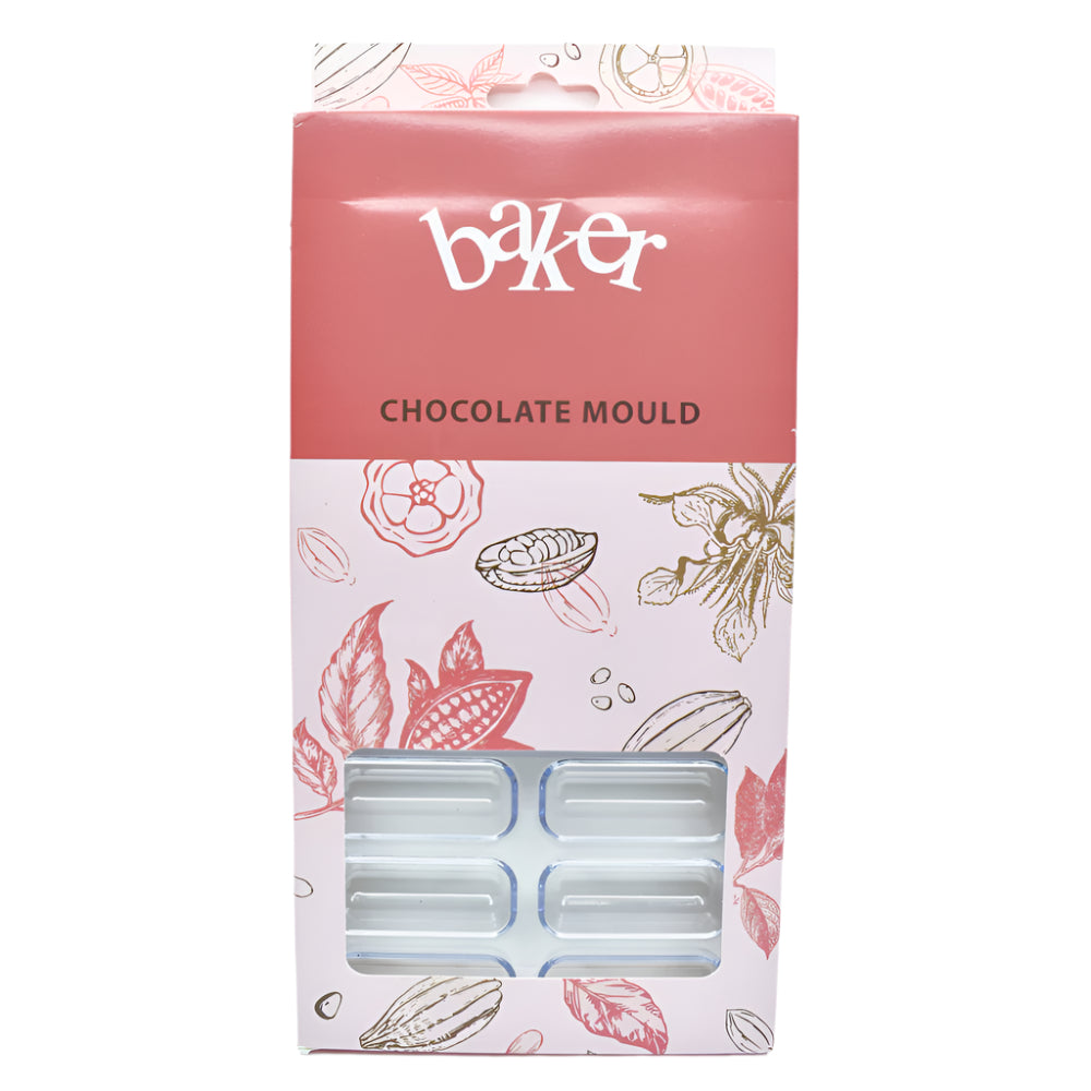 Rounded Rectangle Shaped Polycarbonate Chocolate Mold in its packaging displayed on a white background for a clear view.