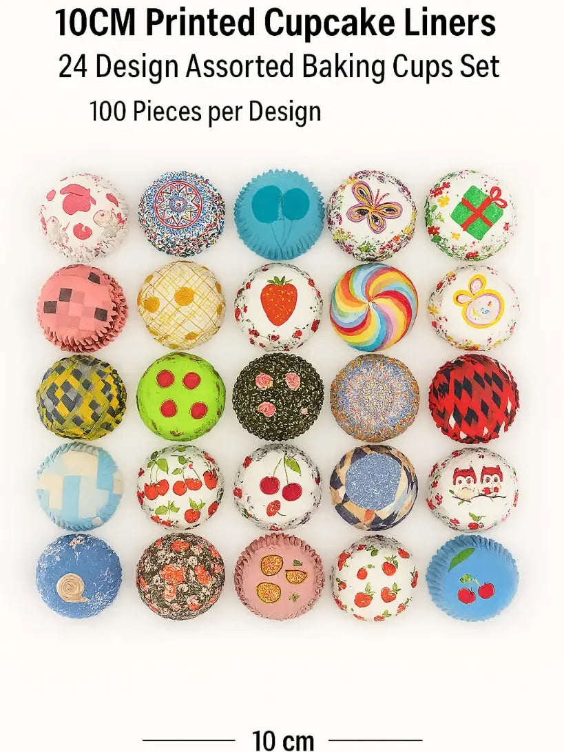 CL002 – 10CM Printed Cupcake Liners | 24 Design Assorted Baking Cups Set