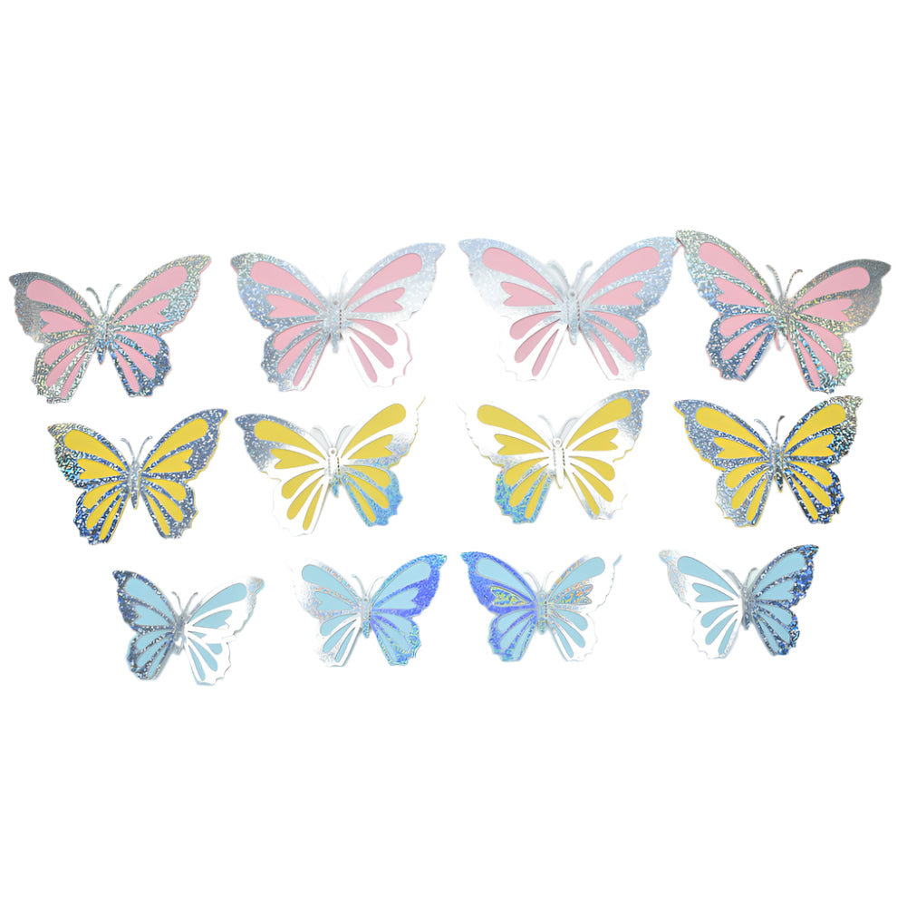 Silver Glitter Blue Yellow & Pink Butterfly Cake Toppers arranged on a white background for clear view