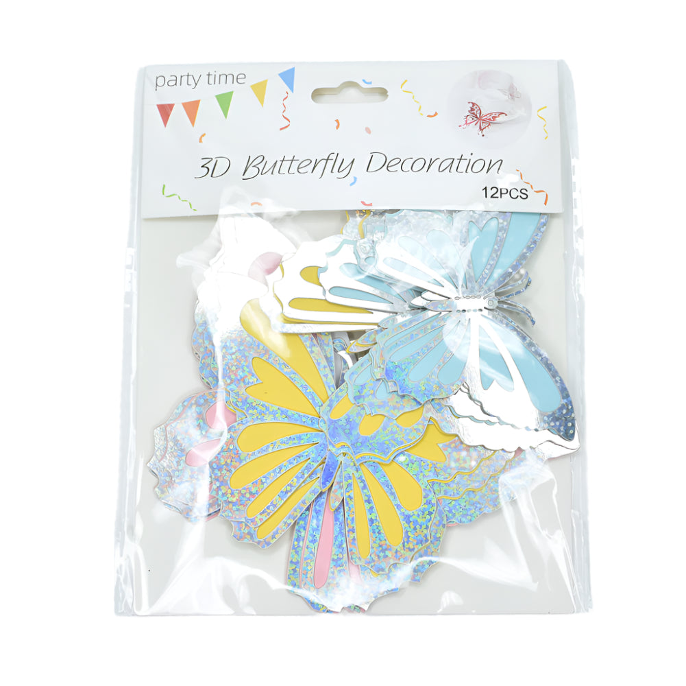 Silver Glitter Blue Yellow & Pink Butterfly Cake Topper packet displayed on a white background for clear view
