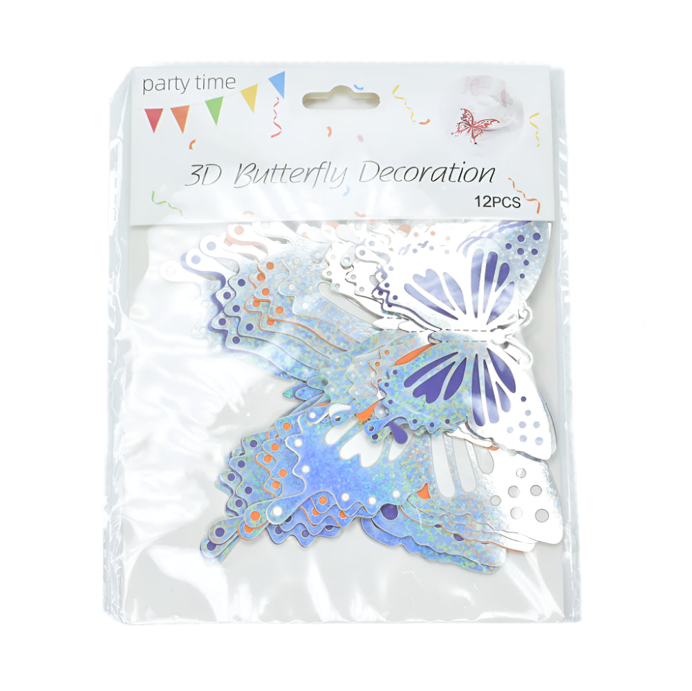 Silver Glitter Blue Orange & Purple Butterfly Cake Topper packet displayed on a white background for clear view
