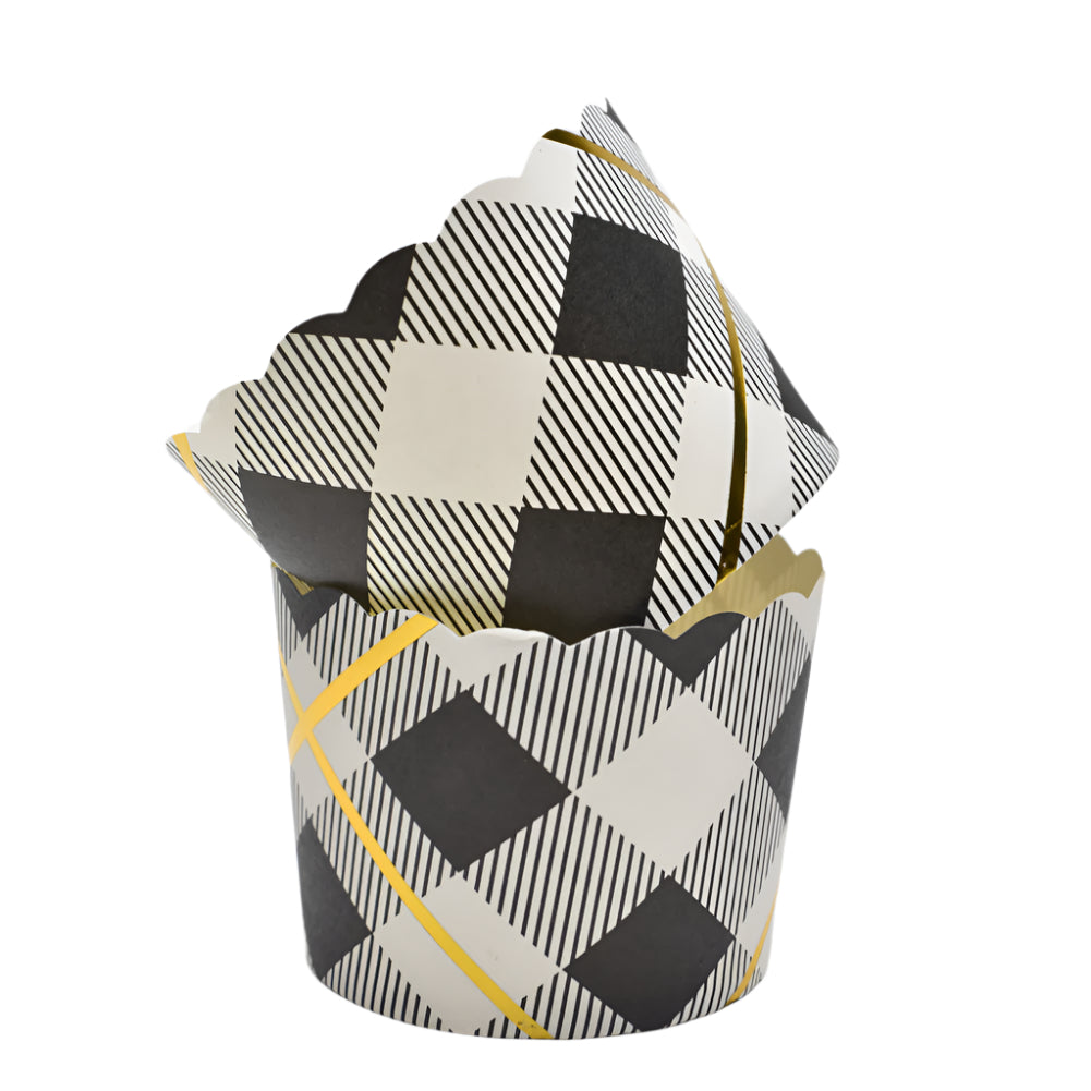 Two Small Black & White Square Pattern Paper Muffin Cups – 100-Piece Pack upright with one angled on top on a white background.