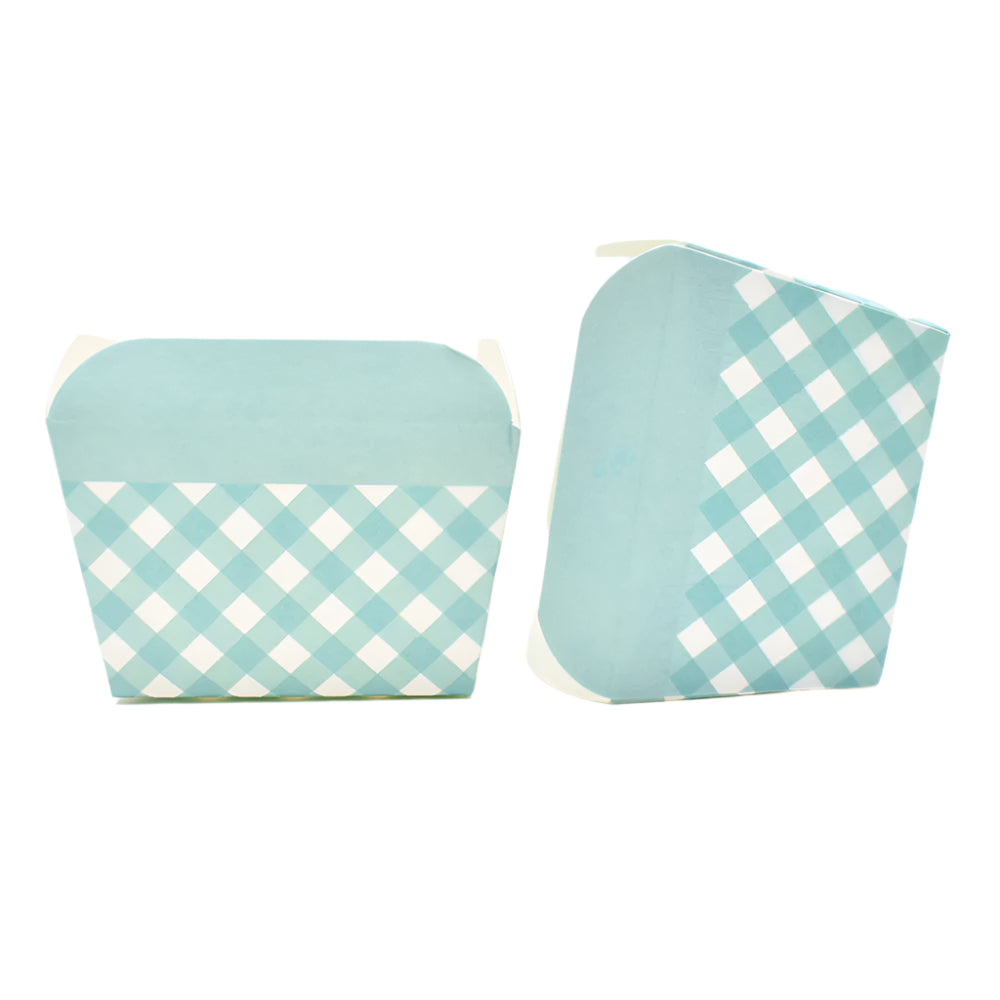 Two Small Cyan Checks Pattern Paper Muffin Cups – 100-Piece Pack side by side on a white background.