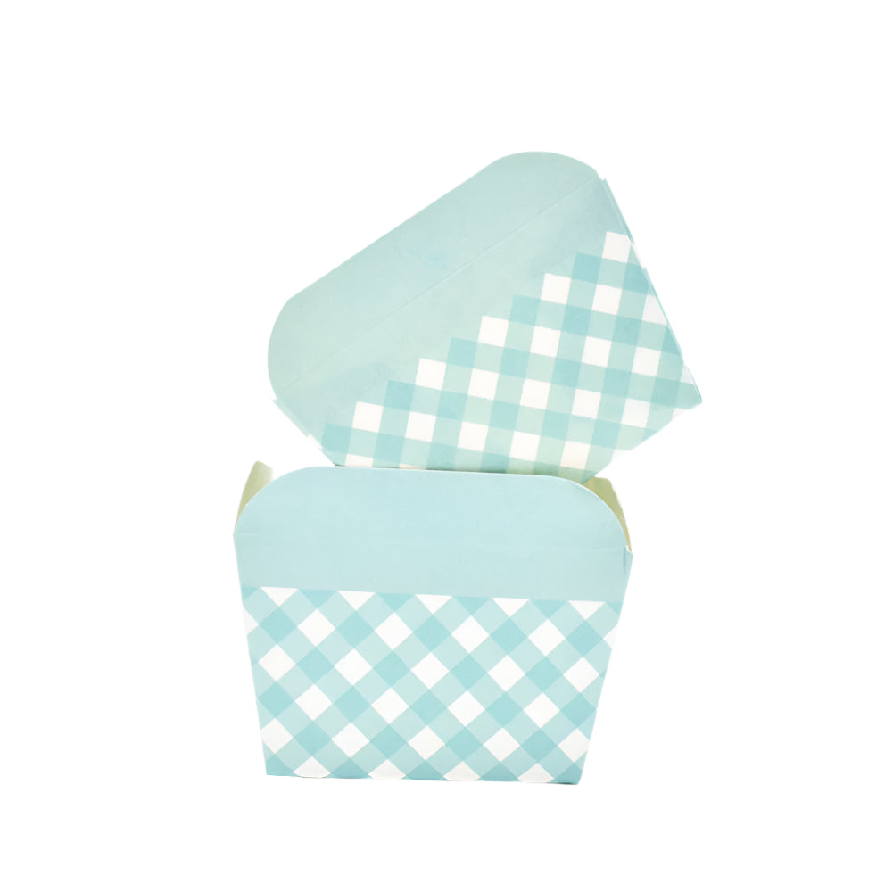 Two Small Cyan Checks Pattern Paper Muffin Cups – 100-Piece Pack upright with one angled on top on a white background.