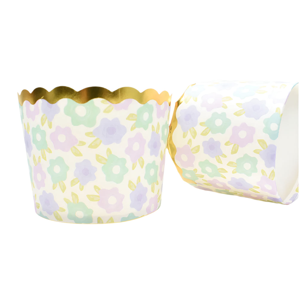 Two Small Floral Pattern Paper Muffin Cups – 100-Piece Pack side by side on a white background.