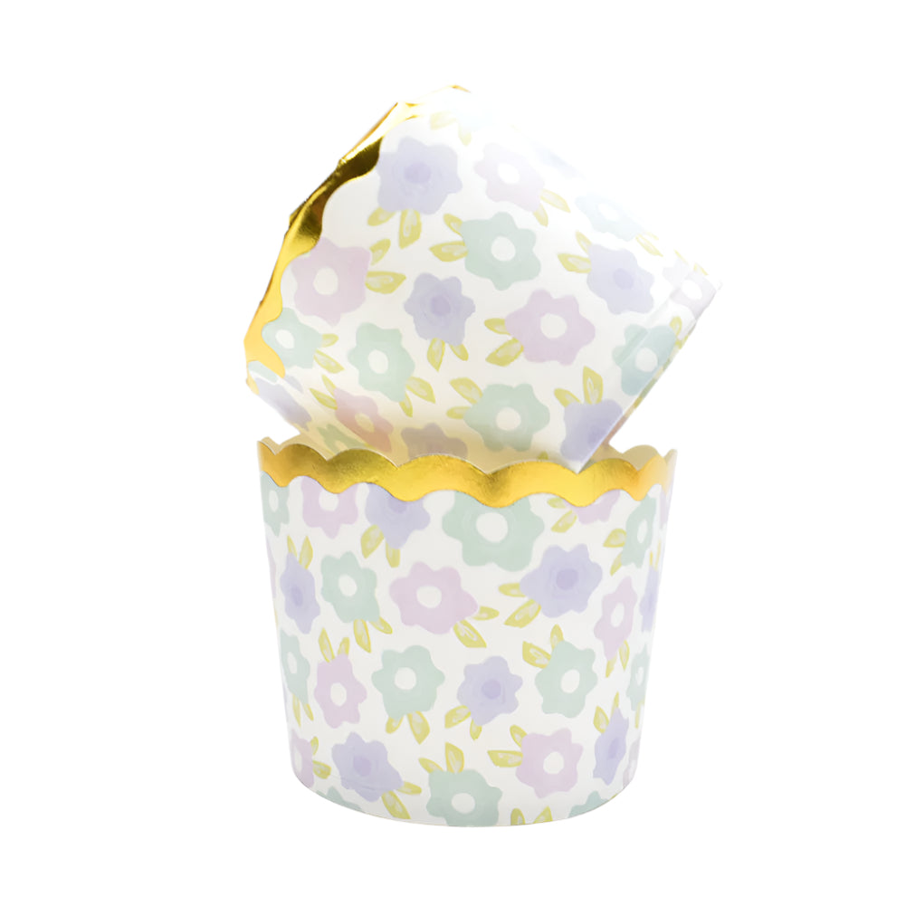 Two Small Floral Pattern Paper Muffin Cups – 100-Piece Pack upright with one angled on top on a white background.