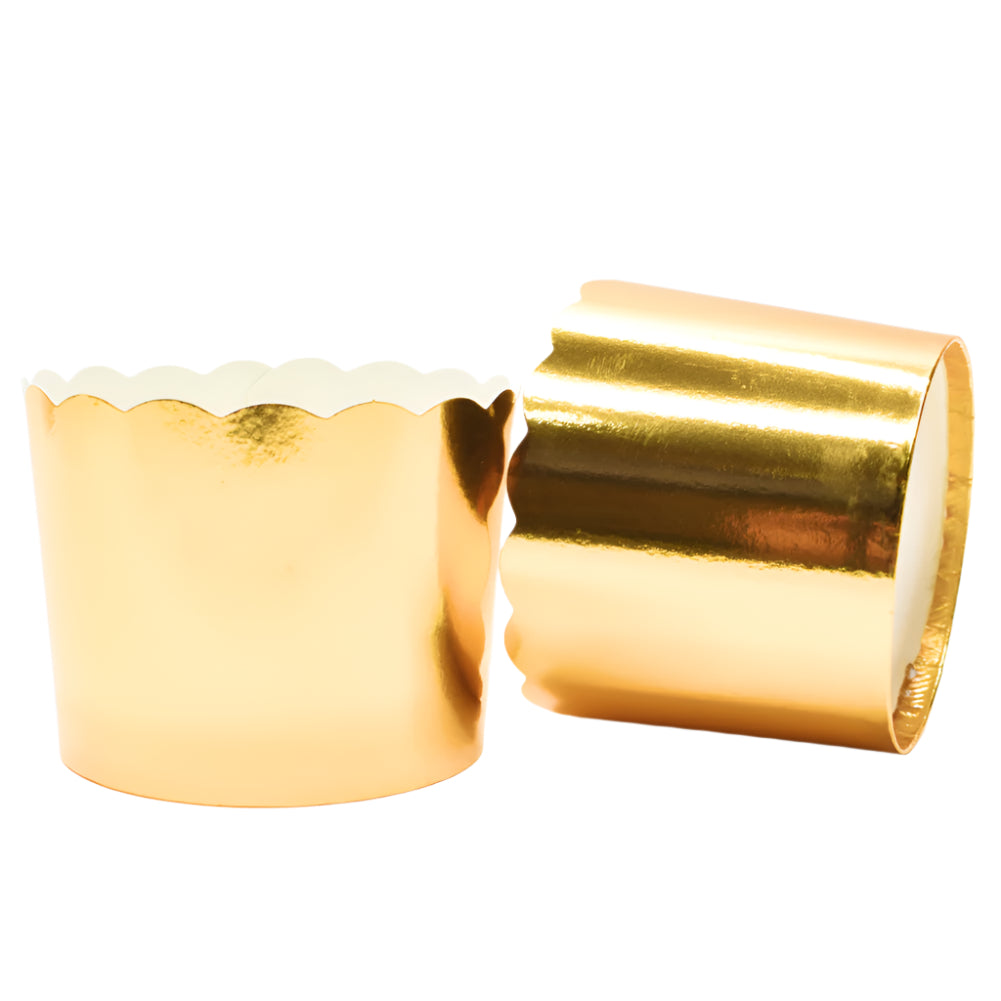 Two Small Golden Paper Muffin Cups – 100-Piece Pack side by side on a white background.