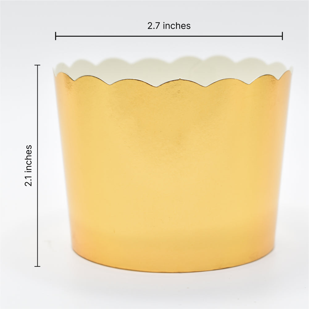 Measurements of Small Golden Paper Muffin Cups – 100-Piece Pack on a white background.