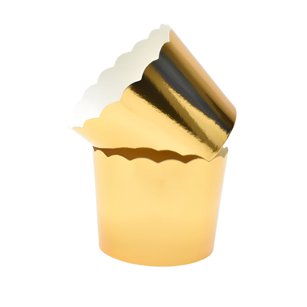 Two Small Golden Paper Muffin Cups – 100-Piece Pack upright with one angled on top on a white background.