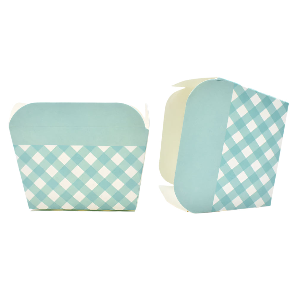 Two Small Light Blue Checks Pattern Paper Muffin Cups – 100-Piece Pack side by side on a white background.