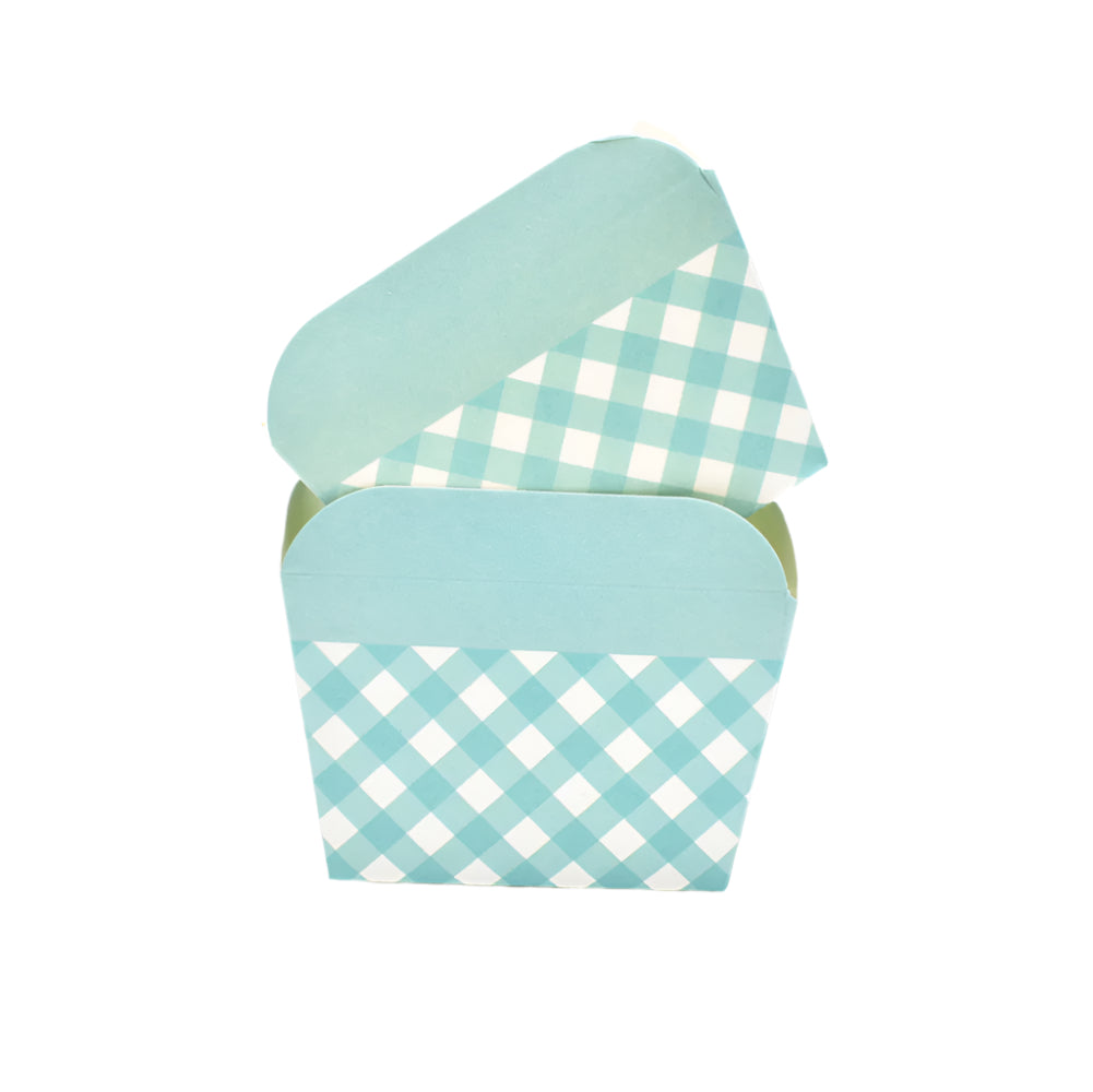 Two Small Light Blue Checks Pattern Paper Muffin Cups – 100-Piece Pack upright with one angled on top on a white background.