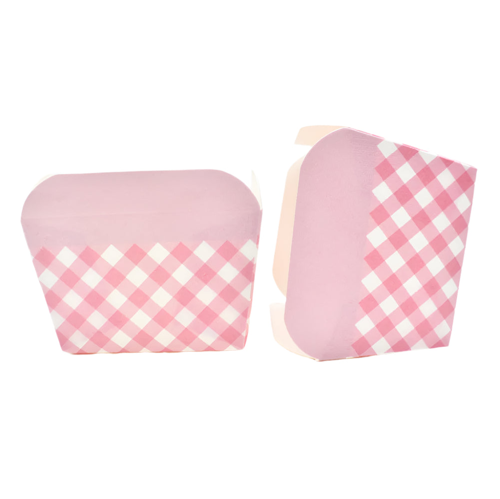 Two Small Pink Checks Pattern Paper Muffin Cups – 100-Piece Pack side by side on a white background.