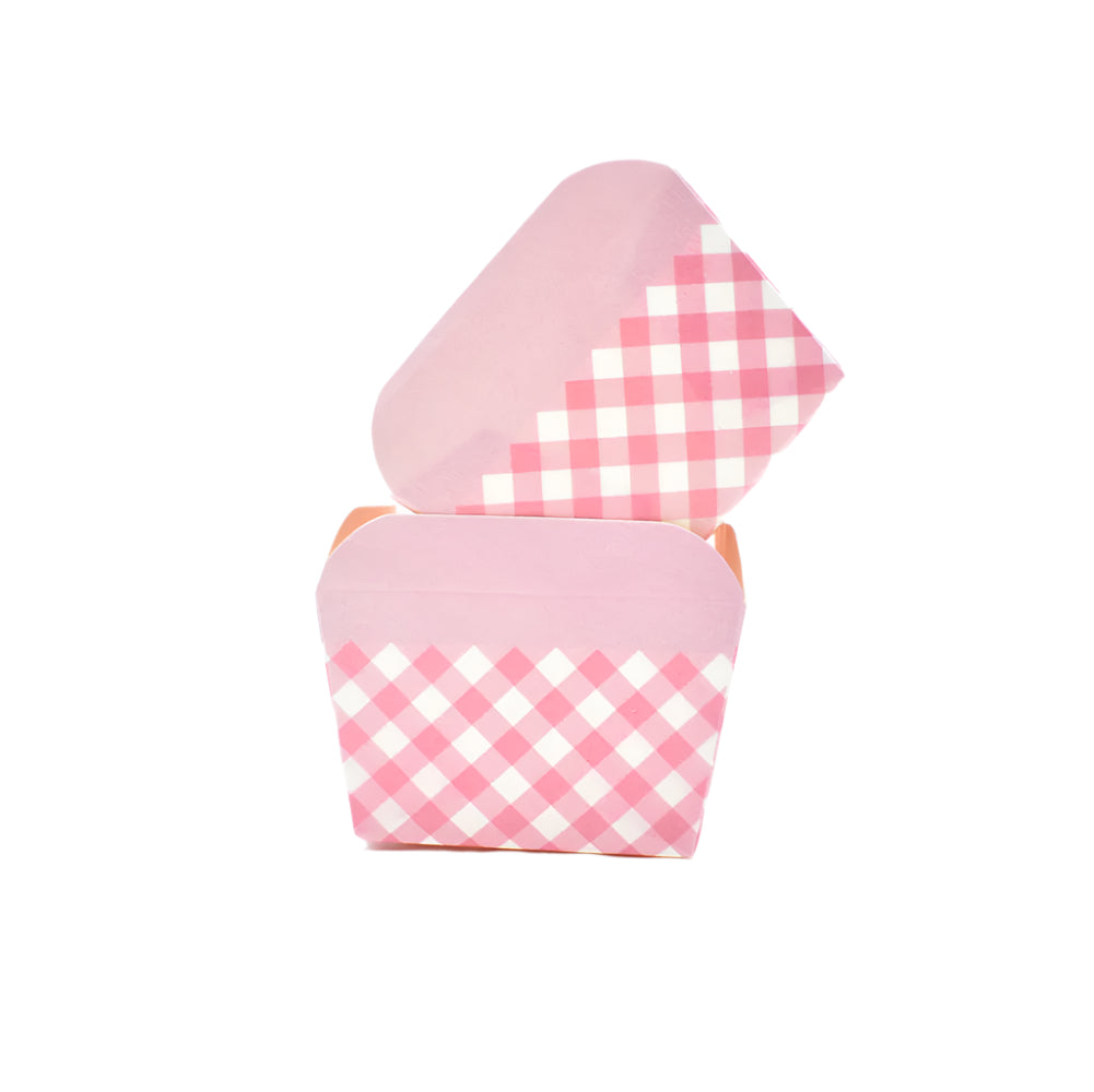 Two Small Pink Checks Pattern Paper Muffin Cups – 100-Piece Pack upright with one angled on top on a white background.