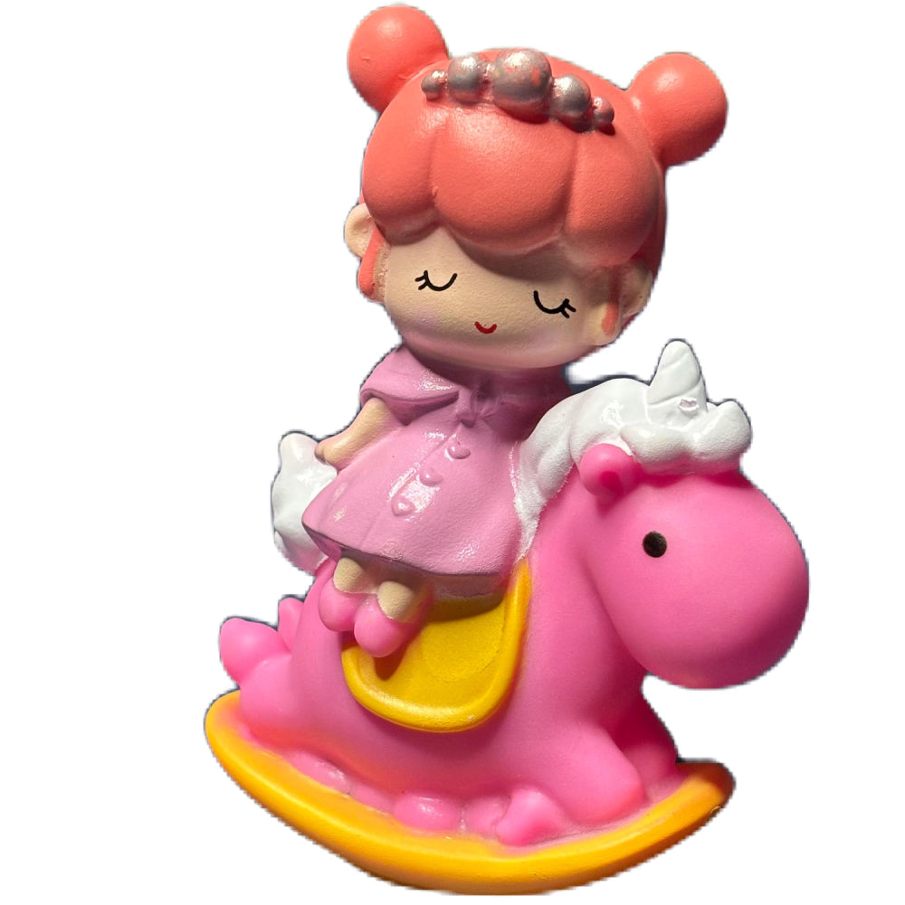 Small White Doll on Pink Horse Cake Toy Topper on white background