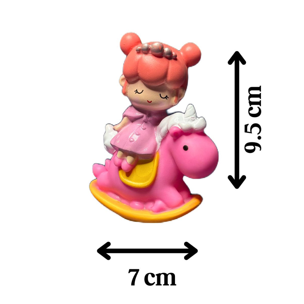 Small White Doll on Pink Horse Cake Topper with size comparison on white background