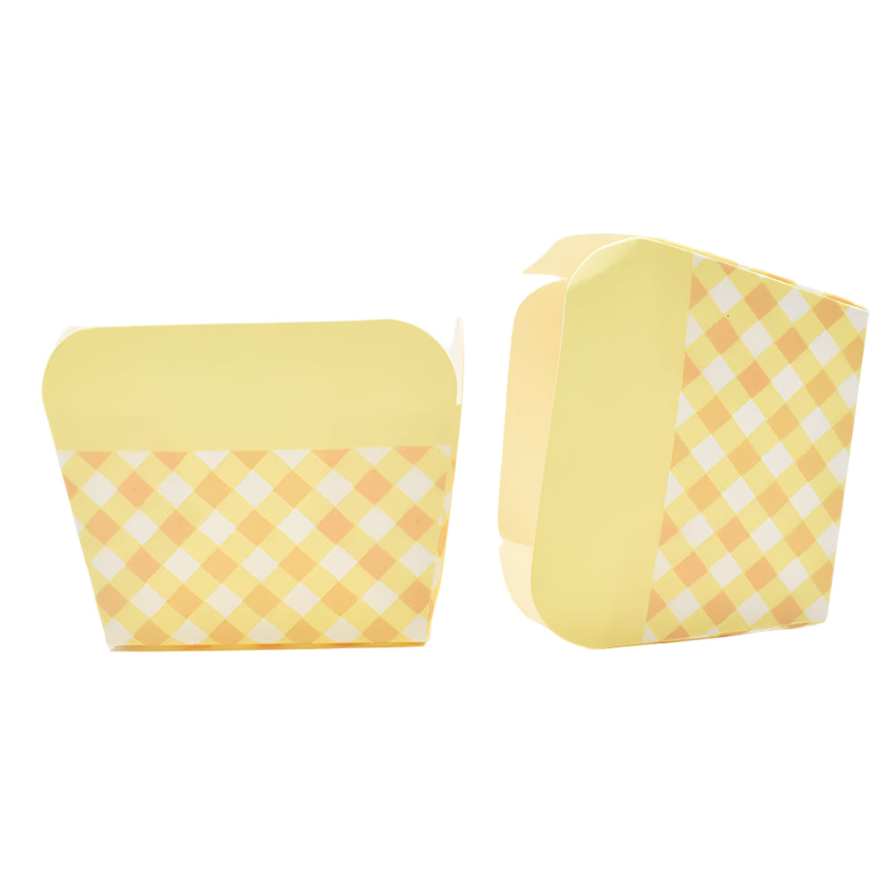 Two Small Yellow Checks Pattern Paper Muffin Cups – 100-Piece Pack side by side on a white background.